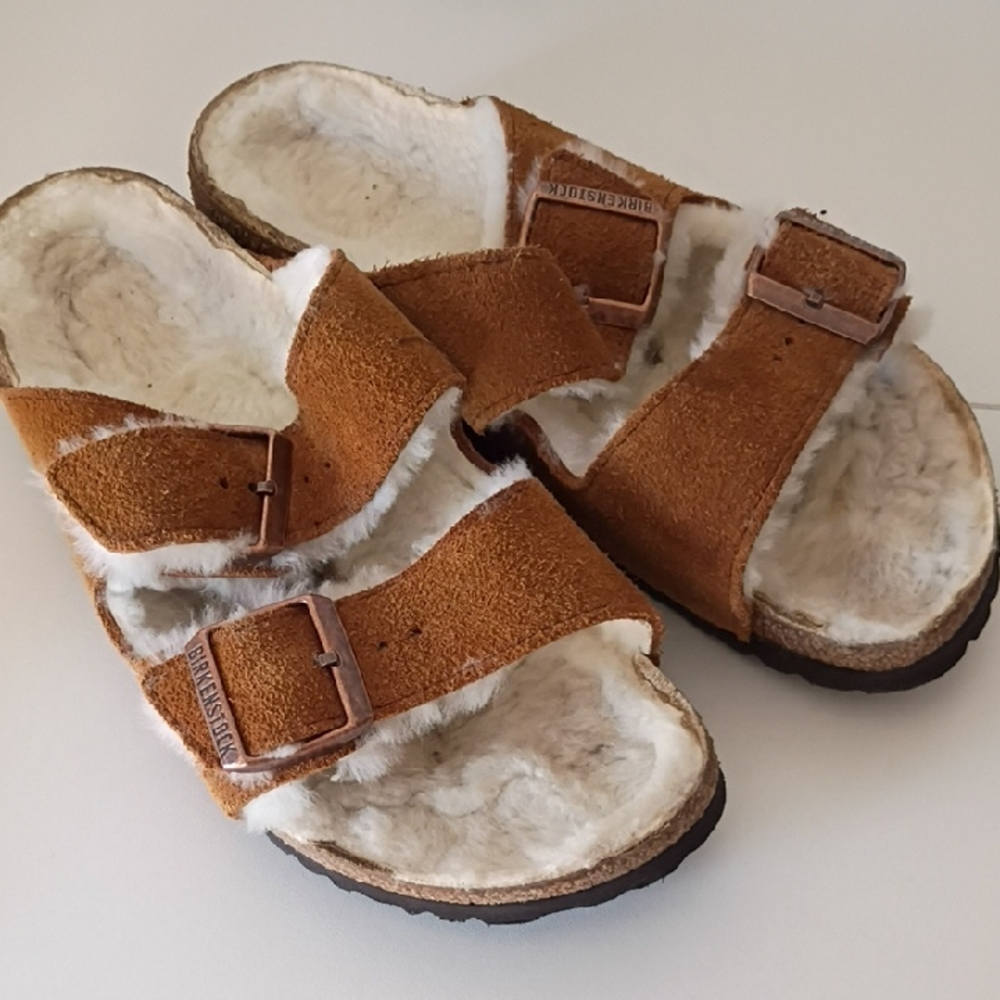 Birkenstock Arizona Suede Shearling Sandals - Chestnut Brown 38 7 - 7.5